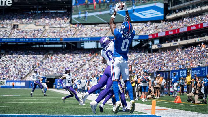New York Giants wide receiver Malachi Fields (0) catches a touchdown pass from New York Giants quarterback Jaxson Dart (6) during a preseason opening game between the New York Giants and Minnesota Vikings on Saturday, Aug. 15, 2026, at MetLife Stadium in East Rutherford, NJ. New York Giants wide receiver Malachi Fields (0) catches a touchdown pass from New York Giants quarterback Jaxson Dart (6) during a preseason opening game between the New York Giants and Minnesota Vikings on Saturday, Aug. 15, 2026, at MetLife Stadium in East Rutherford, NJ.