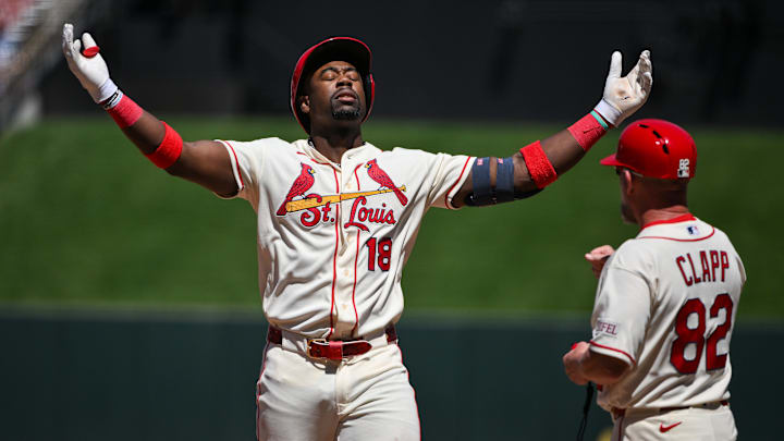 Apr 25, 2026; St. Louis, Missouri, USA; St. Louis Cardinals right fielder Jordan Walker (18) reacts after hitting a single against the Seattle Mariners during the third inning at Busch Stadium. Mandatory Credit: Jeff Curry-Imagn Images