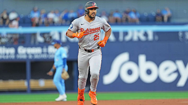 Aug 7, 2024; Toronto, Ontario, CAN; Baltimore Orioles right fielder Anthony Santander (25) runs the bases after hitting a two run home run against the Toronto Blue Jays during the first inning at Rogers Centre.