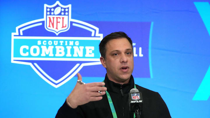 Feb 27, 2024; Indianapolis, IN, USA; Kansas City Chiefs general manager Brett Veach speaks during a press conference at the NFL Scouting Combine at Indiana Convention Center. Mandatory Credit: Kirby Lee-Imagn Images Feb 27, 2024; Indianapolis, IN, USA; Kansas City Chiefs general manager Brett Veach speaks during a press conference at the NFL Scouting Combine at Indiana Convention Center. Mandatory Credit: Kirby Lee-Imagn Images