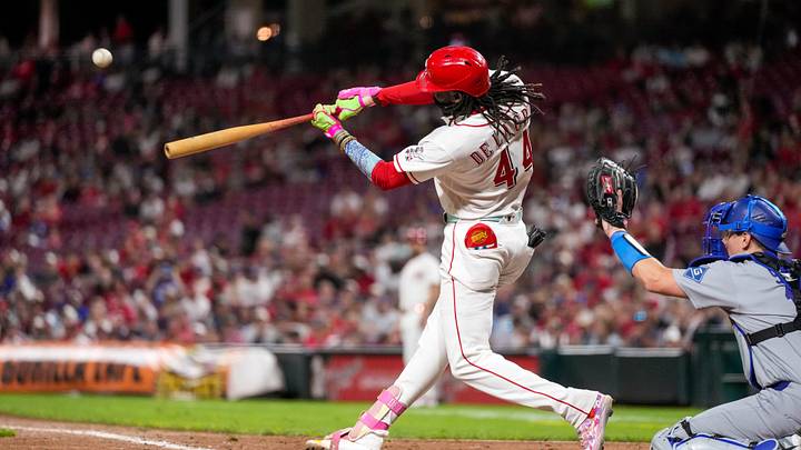Cincinnati Reds shortstop Elly De La Cruz (44) hits a solo home run in the ninth inning of the MLB National League game between the Cincinnati Reds and the Los Angeles Dodgers at Great American Ball Park in Cincinnati on Monday, Sept. 14, 2026. The Dodgers won, 4-1.