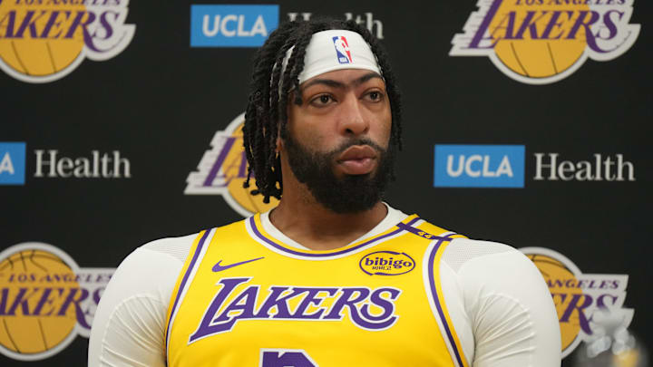 Sep 30, 2024; El Segundo, CA, USA; Los Angeles Lakers forward Anthony Davis (3) during media day at the UCLA Health Training Center. Mandatory Credit: Kirby Lee-Imagn Images