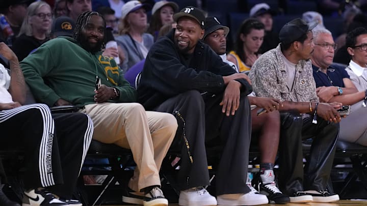 May 23, 2025; Los Angeles, California, USA; Kevin Durant attends the game between the Golden State Valkyries and the LA Sparks  at Crypto.com Arena. Mandatory Credit: Kirby Lee-Imagn Images