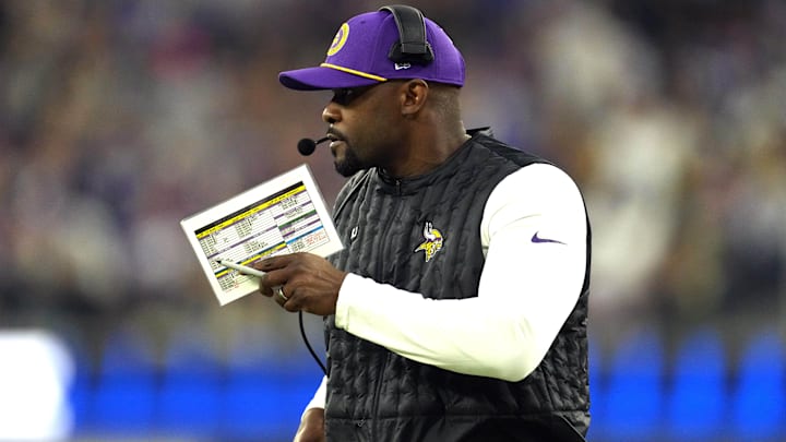 Oct 24, 2024; Inglewood, California, USA; Minnesota Vikings defensive coordinator Brian Flores watches from the sidelines against the Los Angeles Rams in the first half at SoFi Stadium.