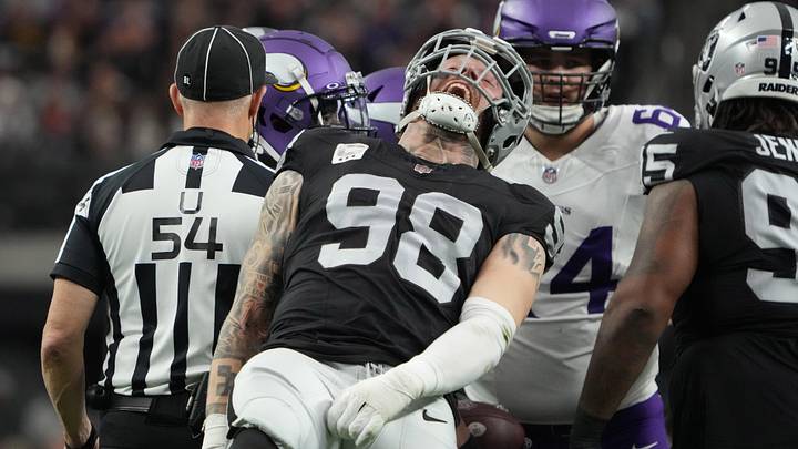 Dec 10, 2023; Paradise, Nevada, USA; Las Vegas Raiders defensive end Maxx Crosby (98) celebrates Dec 10, 2023; Paradise, Nevada, USA; Las Vegas Raiders defensive end Maxx Crosby (98) celebrates
