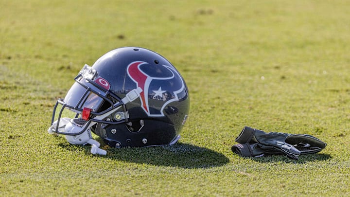 Jul 28, 2023; Houston, TX, USA; A view of a Houston Texans helmet during training camp at the Houston Methodist Training Center. Mandatory Credit: Thomas Shea-Imagn Images Jul 28, 2023; Houston, TX, USA; A view of a Houston Texans helmet during training camp at the Houston Methodist Training Center. Mandatory Credit: Thomas Shea-Imagn Images