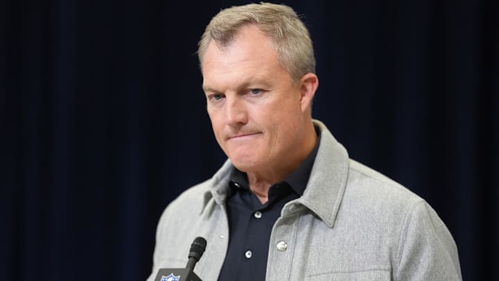 Feb 24, 2026; Indianapolis, IN, USA; San Francisco 49ers general manager John Lynch speaks at the NFL Scouting Combine at the Indiana Convention Center. Mandatory Credit: Kirby Lee-Imagn Images