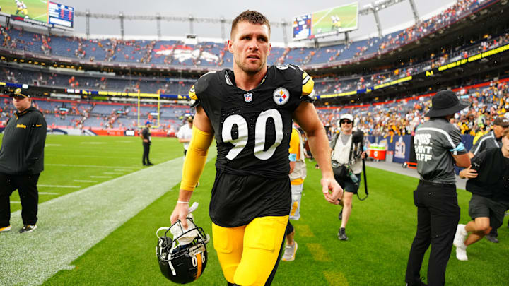 Sep 15, 2024; Denver, Colorado, USA; Pittsburgh Steelers linebacker T.J. Watt (90) following the win over the Denver Broncos at Empower Field at Mile High. Mandatory Credit: Ron Chenoy-Imagn Images