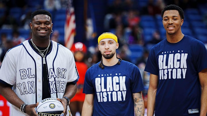 Feb 10, 2023; New Orleans, Louisiana, USA; New Orleans Pelicans forward Zion Williamson (1), guard Jose Alvarado (15) and guard Trey Murphy III (25) pose for a photo before the game against the Cleveland Cavaliers at Smoothie King Center. Mandatory Credit: Andrew Wevers-Imagn Images