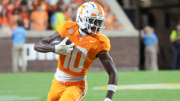 Tennessee wide receiver Mike Matthews (10) runs downfield after making a catch during the NCAA College football game against Kent State on Saturday, September 14, 2024, in Knoxville, Tenn.