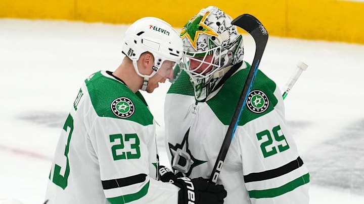 Apr 29, 2024; Las Vegas, Nevada, USA; Dallas Stars defenseman Esa Lindell (23) congratulates