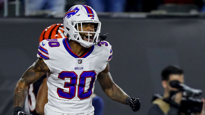 Nov 5, 2023; Cincinnati, Ohio, USA; Buffalo Bills cornerback Dane Jackson (30) reacts after breaking up a pass intended for Cincinnati Bengals wide receiver Tyler Boyd (not pictured) in the first half at Paycor Stadium. Mandatory Credit: Katie Stratman-Imagn Images Nov 5, 2023; Cincinnati, Ohio, USA; Buffalo Bills cornerback Dane Jackson (30) reacts after breaking up a pass intended for Cincinnati Bengals wide receiver Tyler Boyd (not pictured) in the first half at Paycor Stadium. Mandatory Credit: Katie Stratman-Imagn Images