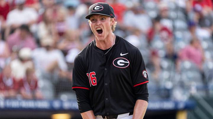 Georgia Bulldog's Zach Brown (16) celebrates the end of an inning as Georgia Bulldogs take on Arkansas Razorbacks during the SEC baseball tournament championship game at Hoover Metropolitan Stadium in Hoover, Ala. on Sunday, May 24, 2026.