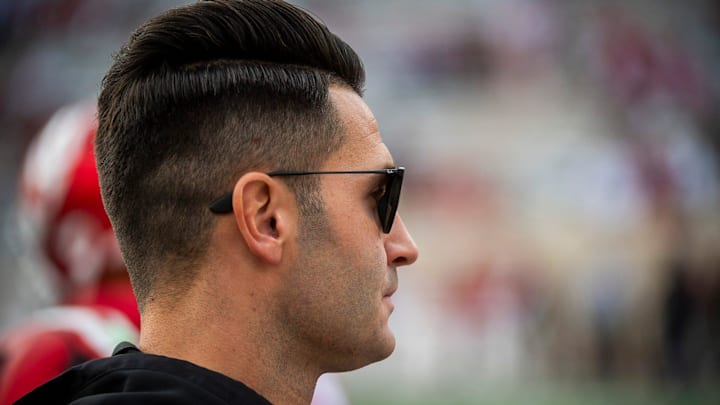 Indiana Quarterback Coach Tino Sunseri before the start of the Indiana versus Michigan football game at Memorial Stadium on Friday, Nov. 9, 2024.