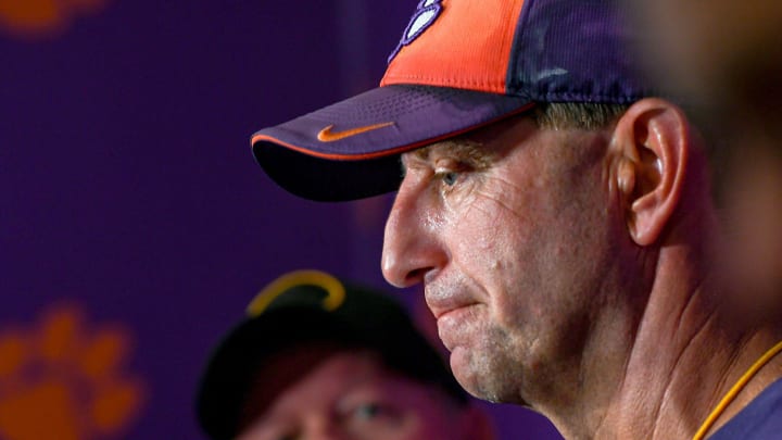 Clemson head coach Dabo Swinney talks with media in the media room at Memorial Stadium in Clemson, Satuday, August 10, 2024.