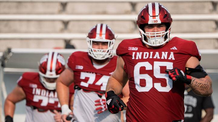 Indiana's Carter Smith (65) during Indiana University's football camp practice on Thursday, Aug. 13, 2026.