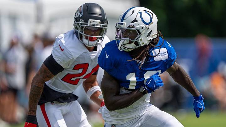 Indianapolis Colts wide receiver Ashton Dulin (16) works his way open during a drill Wednesday, Aug. 19, 2026, during a joint practice with the Atlanta Falcons at Grand Park in Westfield. Indianapolis Colts wide receiver Ashton Dulin (16) works his way open during a drill Wednesday, Aug. 19, 2026, during a joint practice with the Atlanta Falcons at Grand Park in Westfield.