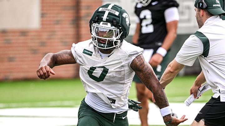 Michigan State running back Cam Edwards runs a drill during football practice on Thursday, Aug. 6, 2026, in East Lansing. Michigan State running back Cam Edwards runs a drill during football practice on Thursday, Aug. 6, 2026, in East Lansing.
