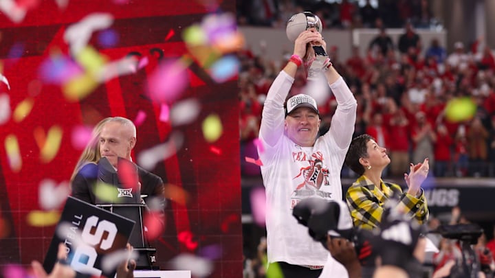 Texas Tech head coach Joey McGuire lifts the trophy as confetti starts to fall after the Red Raiders beat BYU 34-7 in Big 12 Championship football game, Saturday, Nov. 6, 2025, at AT&T Stadium in Arlington.