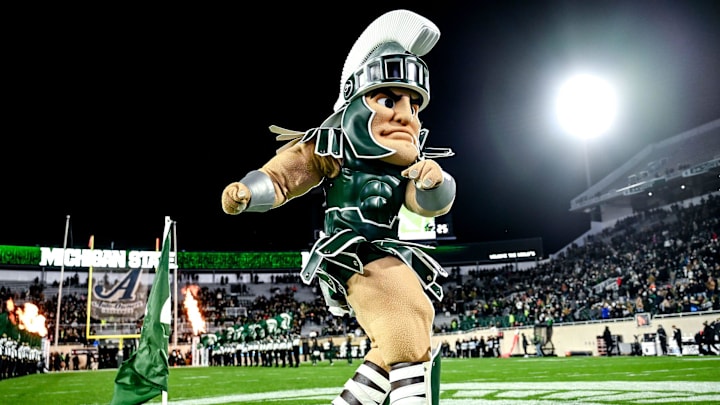 Sparty takes the field before Michigan State's football game against Purdue on Friday, Nov. 22, 2024, at Spartan Stadium in East Lansing.