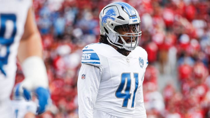 Lions linebacker James Houston looks on during warmups before the NFC championship game at Levi's Stadium in Santa Clara, California, on Sunday, Jan. 28, 2024. Lions linebacker James Houston looks on during warmups before the NFC championship game at Levi's Stadium in Santa Clara, California, on Sunday, Jan. 28, 2024.