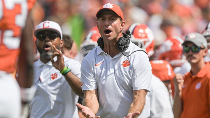 Sep 21, 2024; Clemson, South Carolina, USA; Clemson Tigers head coach Dabo Swinney reacts during the third quarter against the North Carolina State Wolfpack at Memorial Stadium. Sep 21, 2024; Clemson, South Carolina, USA; Clemson Tigers head coach Dabo Swinney reacts during the third quarter against the North Carolina State Wolfpack at Memorial Stadium.