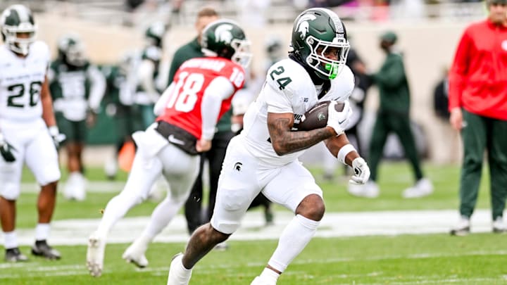 Michigan State's Davion Primm runs the ball during the Spring Showcase on Saturday, April 20, 2024, at Spartan Stadium in East Lansing. Michigan State's Davion Primm runs the ball during the Spring Showcase on Saturday, April 20, 2024, at Spartan Stadium in East Lansing.