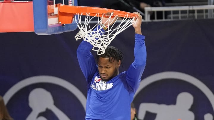 Bronny James participates in the 2024 NBA Draft Combine at Wintrust Arena.