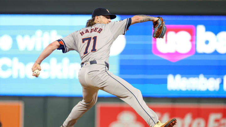 Jul 5, 2024; Minneapolis, Minnesota, USA; Houston Astros pitcher Josh Hader (71) pitches against the Minnesota Twins during the ninth inning at Target Field. Jul 5, 2024; Minneapolis, Minnesota, USA; Houston Astros pitcher Josh Hader (71) pitches against the Minnesota Twins during the ninth inning at Target Field.