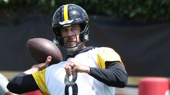 May 28, 2026; Pittsburgh, PA, USA;  Pittsburgh Steelers quarterback Aaron Rodgers (8) participates in OTA  drills at the UPMC Rooney Sports Complex. Mandatory Credit: Charles LeClaire-Imagn Images