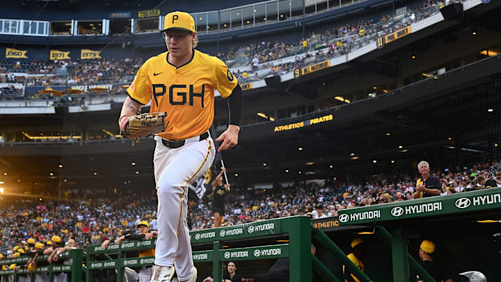 Pittsburgh Pirates outfielder Jack Suwinski takes the field against the Athletics.