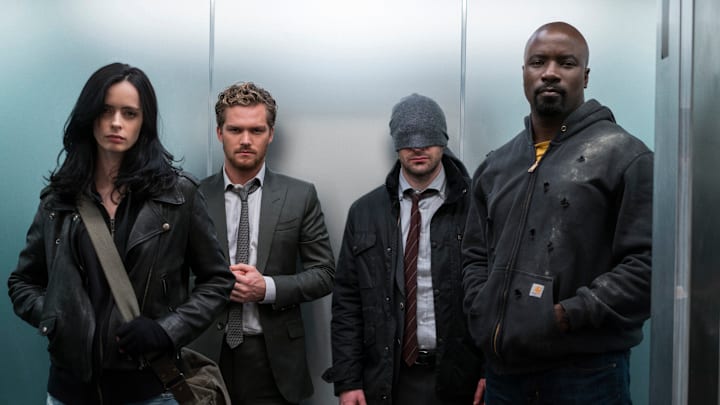 Krysten Ritter, Finn Jones, Charlie Cox, and Mike Colter in Marvel's The Defenders