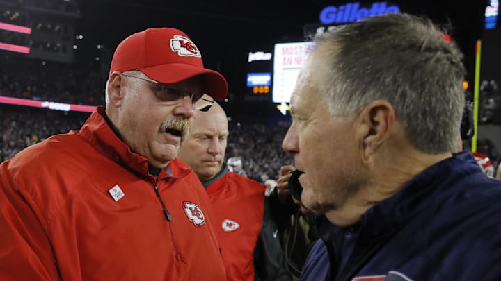 Oct 14, 2018; Foxborough, MA, USA; Kansas City Chiefs head coach Andy Reid meets New England