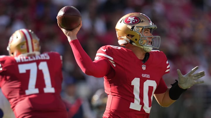 Nov 9, 2025; Santa Clara, California, USA; San Francisco 49ers quarterback Mac Jones (10) throws a pass during the first quarter against the Los Angeles Rams at Levi's Stadium. Mandatory Credit: Cary Edmondson-Imagn Images