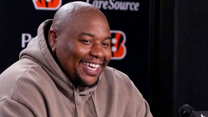 Newly signed Cincinnati Bengals defense tackle Dexter Lawrence speaks in a press conference for the first time since joining the team at Paycor Stadium in Cincinnati on Monday, April 20, 2026.