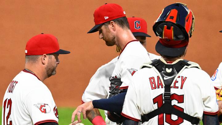 Sep 15, 2026: Cleveland Guardians manager Stephen Vogt (12) takes the ball from Cleveland Guardians starting pitcher Foster Griffin (22) during a pitching change in the fifth inning against the Chicago White Sox at Progressive Field. Credit: David Richard-Imagn Images