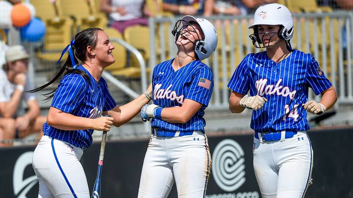 Orange Beach’s Ava Hodo, from left, Addy Oldham and Katie King celebrate Oldham’s score against Plainview in the AHSAA Class 4A Softball Championships Game in Oxford, Ala., on Tuesday May 19, 2026. Orange Beach’s Ava Hodo, from left, Addy Oldham and Katie King celebrate Oldham’s score against Plainview in the AHSAA Class 4A Softball Championships Game in Oxford, Ala., on Tuesday May 19, 2026.