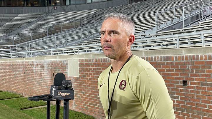 Florida State head coach Mike Norvell speaks to media following Florida State's final fall camp practice on August 26 at Doak Campbell Stadium.