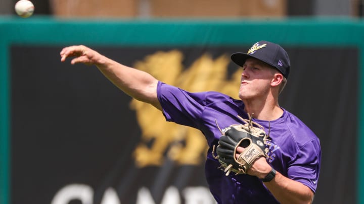 Pitcher Zebby Matthews warms up during a Fort Myers Mighty Mussels practice at Hammond Stadium in Fort Myers on Tuesday, April 4, 2023.

Fnp Jh 20230404 Musselsmediaday 0006