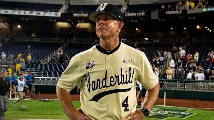 Vanderbilt head coach Tim Corbin reacts after their victory over Michigan in game three of the 2019 NCAA Men's College World Series Finals at TD Ameritrade Park on June 26, 2019, in Omaha, Neb.