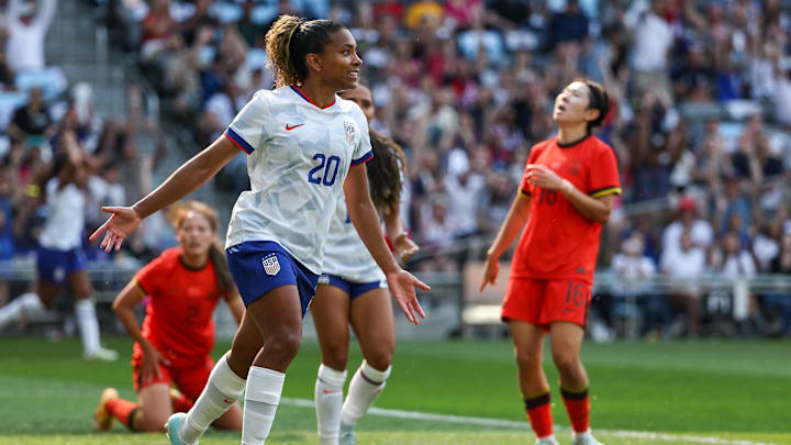Catarina Macario scored against China PR in the first half of a 3–0 win.