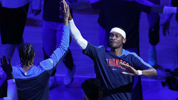 Oct 30, 2024; Oklahoma City, Oklahoma, USA; Oklahoma City Thunder guard Shai Gilgeous-Alexander (2) high fives a teammate during introductions before the start of a game against the San Antonio Spurs at Paycom Center. Mandatory Credit: Alonzo Adams-Imagn Images