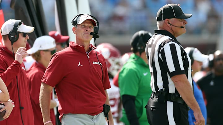 Oklahoma Sooners head coach Brent Venables watches from the sideline during the first half against Ole Miss.