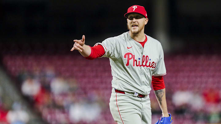 Apr 22, 2024; Cincinnati, Ohio, USA; Philadelphia Phillies relief pitcher Jeff Hoffman (23) reacts after the victory over the Cincinnati Reds at Great American Ball Park.