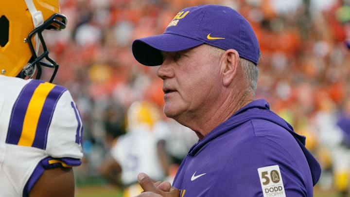 Aug 30, 2025; Clemson, South Carolina, USA; LSU Tigers head coach Brian Kelly during warmups before the game against the Clemson Tigers at Memorial Stadium. Mandatory Credit: Ken Ruinard-USA TODAY Network via Imagn Images