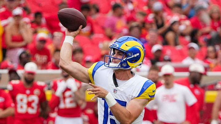Aug 15, 2026; Kansas City, Missouri, USA; Los Angeles Rams quarterback Ty Simpson (15) throws a pass against the Kansas City Chiefs during the second half of the pre season game at Arrowhead Stadium. Mandatory Credit: Denny Medley-Imagn Images Aug 15, 2026; Kansas City, Missouri, USA; Los Angeles Rams quarterback Ty Simpson (15) throws a pass against the Kansas City Chiefs during the second half of the pre season game at Arrowhead Stadium. Mandatory Credit: Denny Medley-Imagn Images