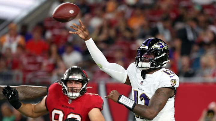 Aug 26, 2023; Tampa, Florida, USA; Baltimore Ravens quarterback Anthony Brown (12) throws the ball against the Tampa Bay Buccaneers during the second quarter at Raymond James Stadium. Mandatory Credit: Kim Klement Neitzel-Imagn Images Aug 26, 2023; Tampa, Florida, USA; Baltimore Ravens quarterback Anthony Brown (12) throws the ball against the Tampa Bay Buccaneers during the second quarter at Raymond James Stadium. Mandatory Credit: Kim Klement Neitzel-Imagn Images