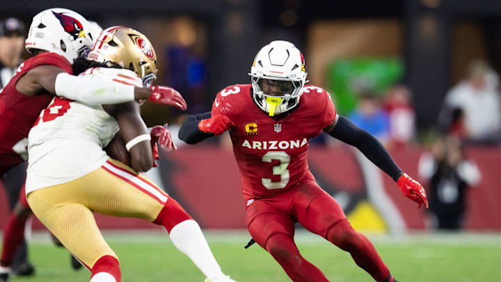 Jan 5, 2025; Glendale, Arizona, USA; Arizona Cardinals safety Budda Baker (3) against the San Francisco 49ers at State Farm Stadium. Mandatory Credit: Mark J. Rebilas-Imagn Images Jan 5, 2025; Glendale, Arizona, USA; Arizona Cardinals safety Budda Baker (3) against the San Francisco 49ers at State Farm Stadium. Mandatory Credit: Mark J. Rebilas-Imagn Images