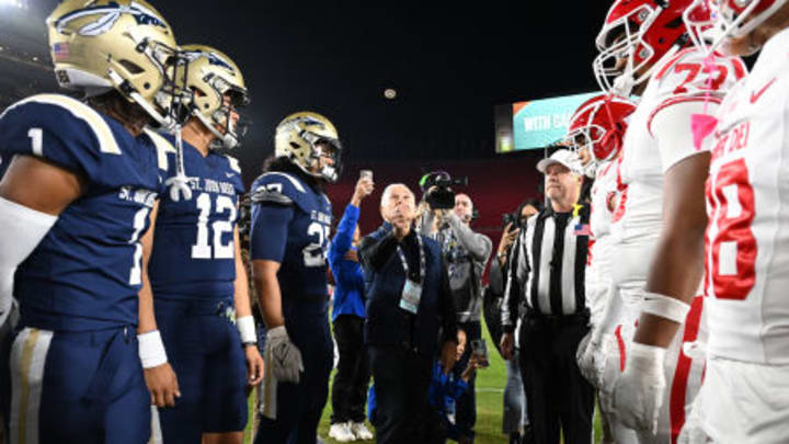 St. John Bosco (left) and Mater Dei during coin flip at the LA Memorial Coliseum in the 2023 CIF Southern Section Division 1 final. Mater Dei prevailed 35-7.