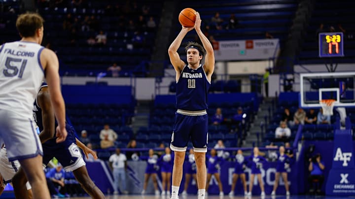 Feb 4, 2025; Colorado Springs, Colorado, USA; Nevada Wolf Pack forward Nick Davidson (11) attempts a shot in the second half against the Air Force Falcons at Clune Arena. Mandatory Credit: Isaiah J. Downing-Imagn Images